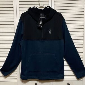 Spyder Hoodie Black Blue, Half Zip Waffle Knit Size L NWT